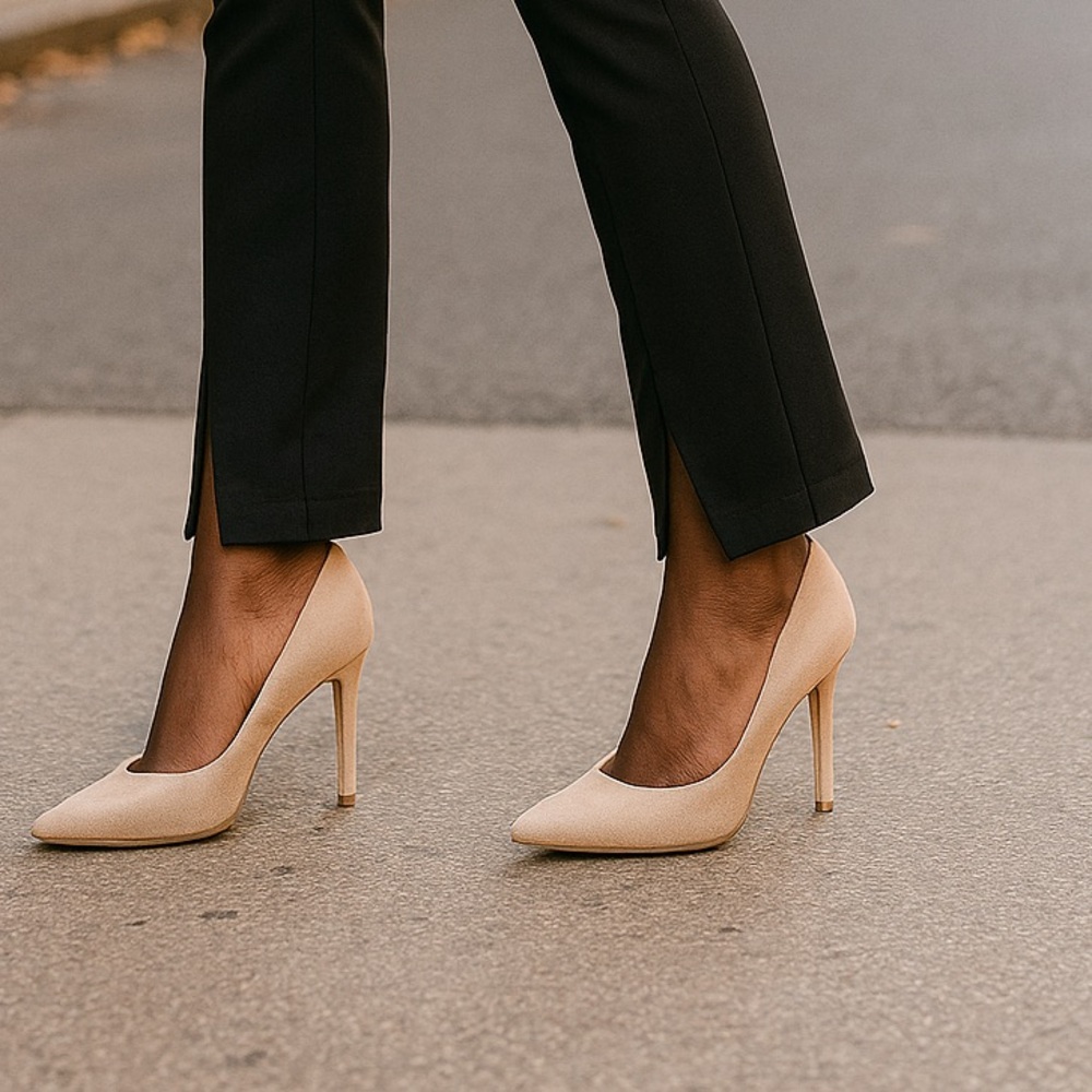 Oripalla Nude Suede Pointed Toe Stiletto Heels – Size 8.5